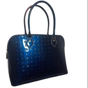 ARCADIA Dome Satchel Navy Embossed Patent Leather Made In Italy NWOT